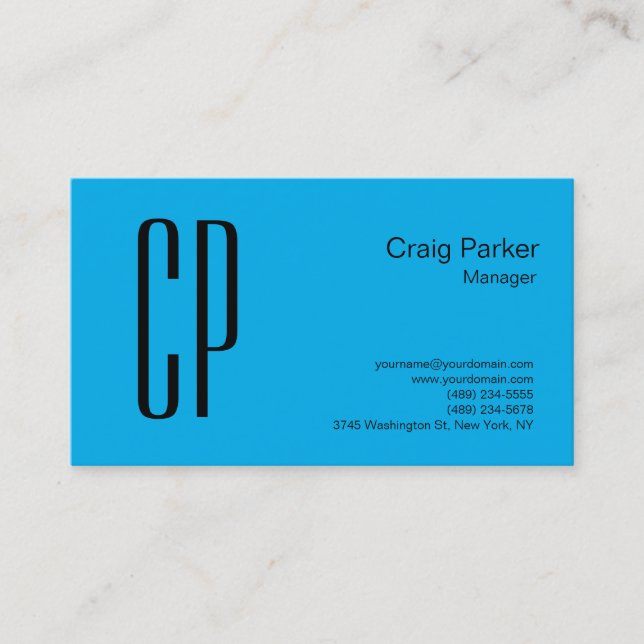 Modern Sky Blue Bold Monogram Professional Business Card (Front)