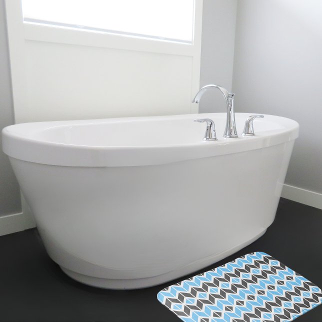 Modern Sky Blue Dark Grey Geometric Herringbone Bath Mat (Creator Uploaded)