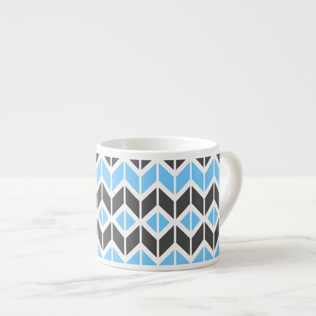 Modern Sky Blue Dark Grey Geometric Herringbone Espresso Cup (Front Right)