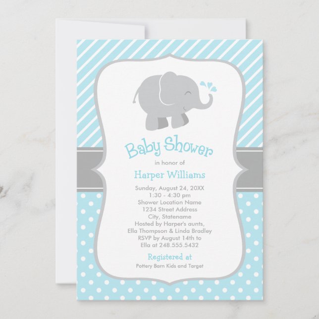 Modern Sky Blue Elephant Baby Boy Shower Invitation (Front)