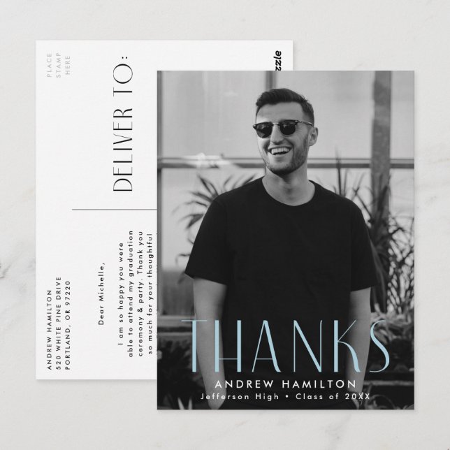 Modern Sky Blue Photo Graduation Thank You Postcard (Front/Back)