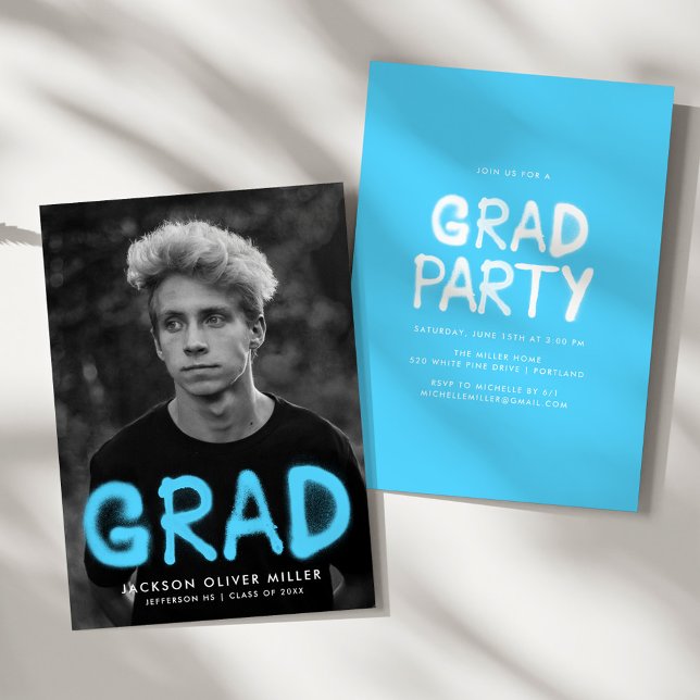 Modern Sky Blue Spray Paint Photo Graduation Party Invitation (Creator Uploaded)