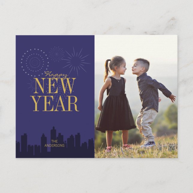 Modern Skyline Happy New Year's Photo Postcard (Front)