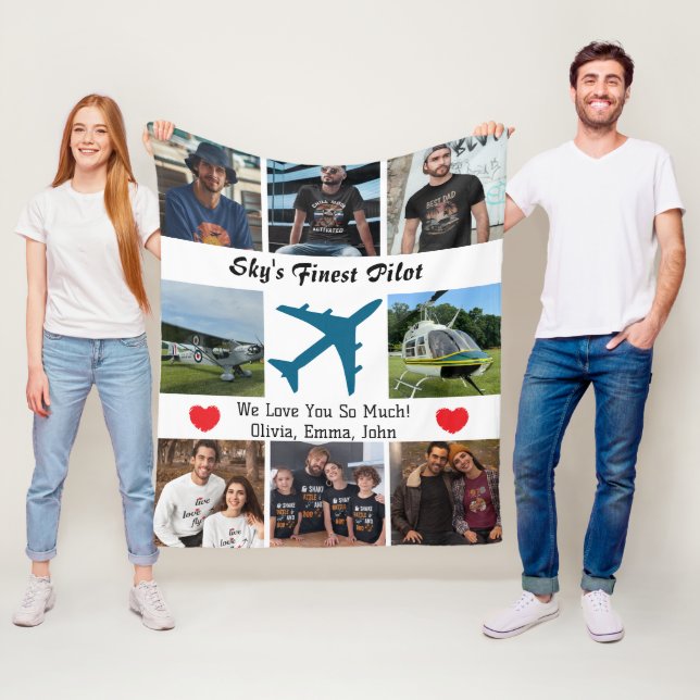 Modern 'Sky's Finest Pilot',Aeroplane,Photo Collag Fleece Blanket (In Situ)