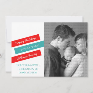 Modern Slant Photo Holiday Card (Red/Aqua)