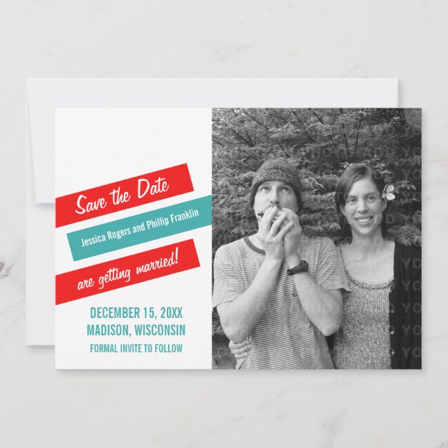 Modern Slant Save the Date Invite (Red/Teal) (Front)