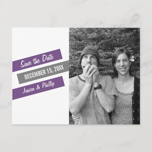 Modern Slant Save the Date Postcard (Purple/Grey) (Front)