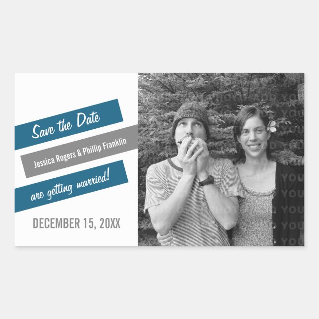 Modern Slant Save the Date Stickers (Blue/Grey) (Front)