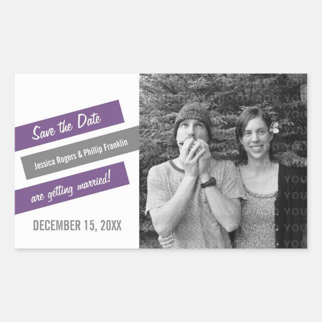 Modern Slant Save the Date Stickers (Purple/Grey) (Front)