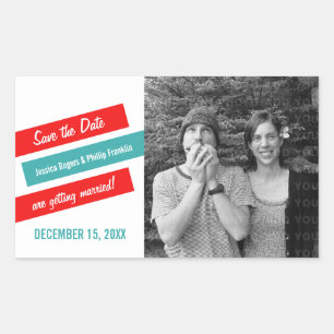 Modern Slant Save the Date Stickers (Red/Teal)