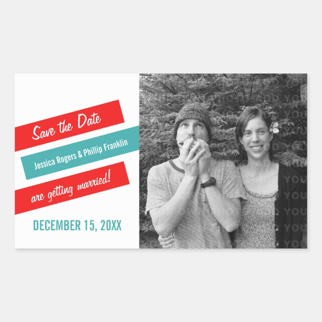 Modern Slant Save the Date Stickers (Red/Teal) (Front)