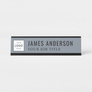 Modern Slate Blue Grey Personalised Business Logo Desk Name Plate