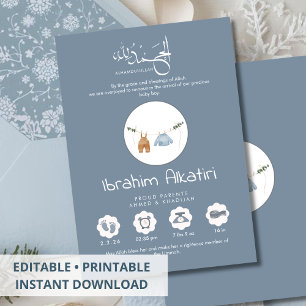 Modern Slate Blue Islamic Baby Boy Birth Announcement