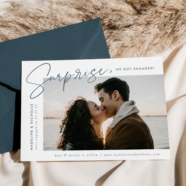 Modern Slate Blue Script Surprise Photo Engagement Announcement (Creator Uploaded)