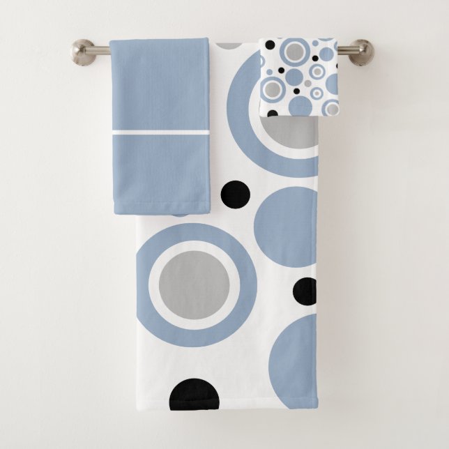 Modern Slate Blue Silver White Geometric Bath Towel Set (Insitu)