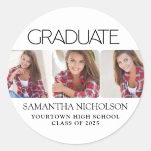 Modern Sleek 3-Photo Graduation Classic Round Sticker