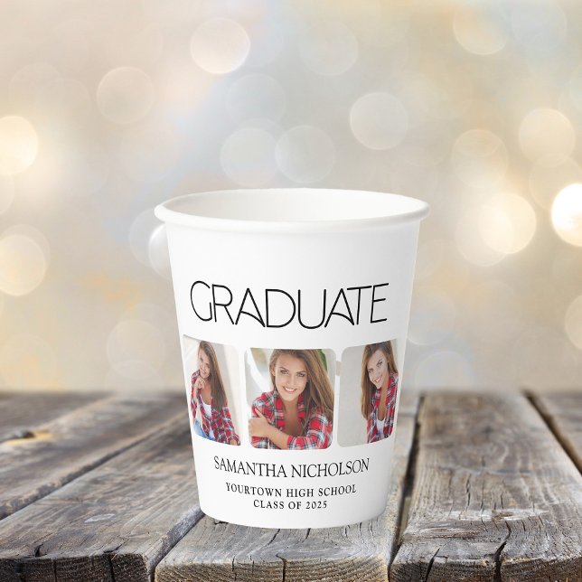 Modern Sleek 3-Photo Graduation Paper Cups (Graduation 3-photo paper cup)