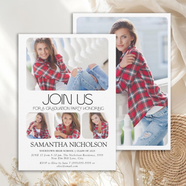 Modern Sleek 5-Photo Graduation Party Invitation (Modern 5-photo graduation party invitation)