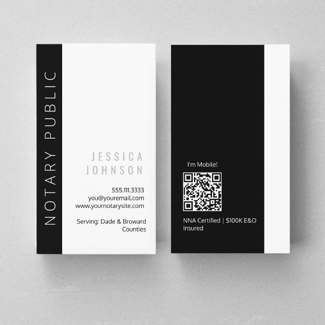 Modern Sleek | Black & White Minimal Notary QR  Business Card (Creator Uploaded)