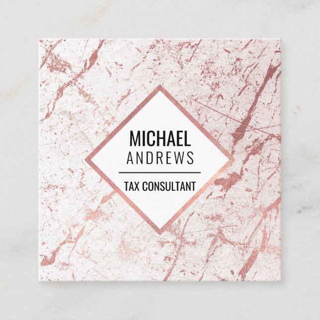 Modern Sleek Rose Gold Foil White Marble Stone Square Business Card (Front)