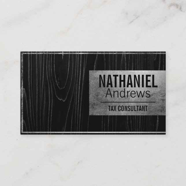 Modern Sleek Silver Border Dark Wood Business Card (Front)