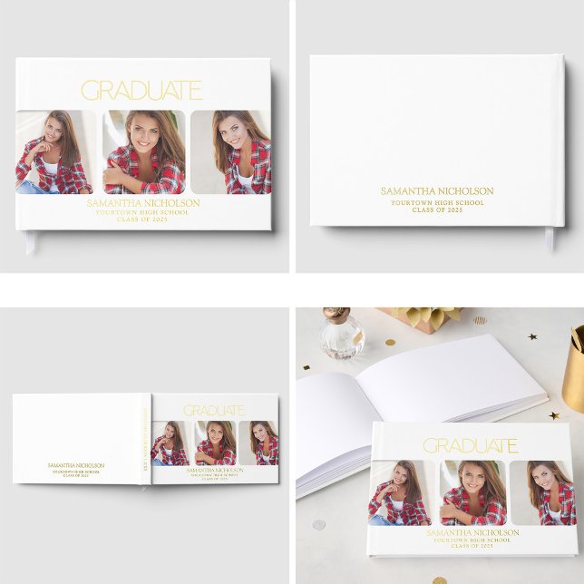 Modern Sleek White 3-Photo Graduation Guest Book (Modern, white, 3-photo graduation party gold foil guestbook)