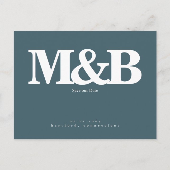 Modern & Sleek White Monogram Teal Save Our Date Postcard (Front)