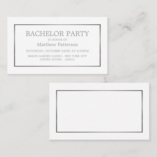 Modern & Sleek, White/Silver Bachelor Party Ticket (Front/Back)