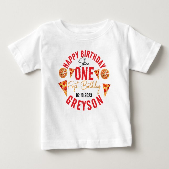 Modern Slice Slice Baby Pizza 1st Birthday Baby T-Shirt (Front)