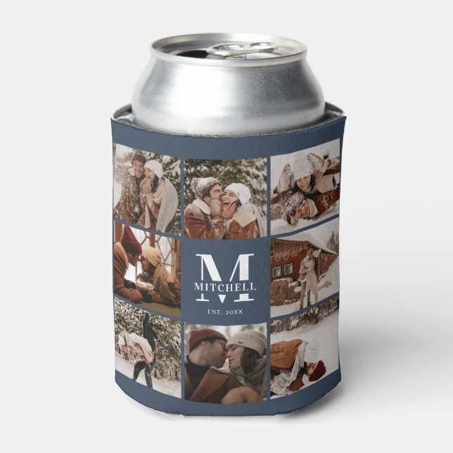 Modern Slmple Navy Blue Photo Collage Keepsake Can Cooler (Can Front)