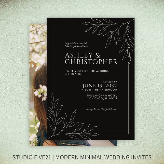 Modern Smokey Black Foliage Outline Photo Wedding Invitation (Creator Uploaded)