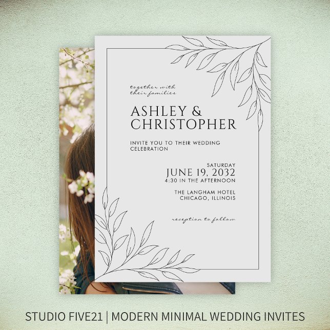 Modern Smokey Black Foliage Outline Photo Wedding Invitation (Creator Uploaded)
