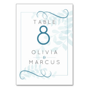 Modern Smokey Blue Teal Accents Pale Blue Leaves Table Number