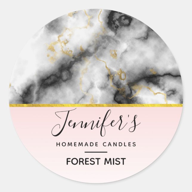 Modern Smoky Grey Marble with Gold Ribbon Candle Classic Round Sticker (Front)