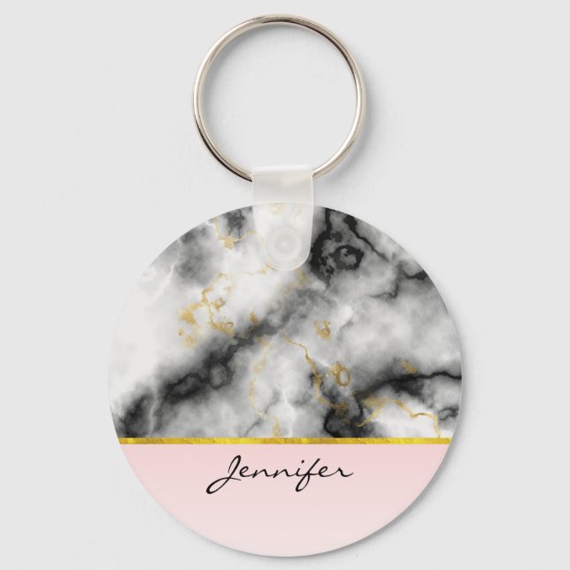 Modern Smoky Grey Marble with Gold Ribbon Key Ring (Front)