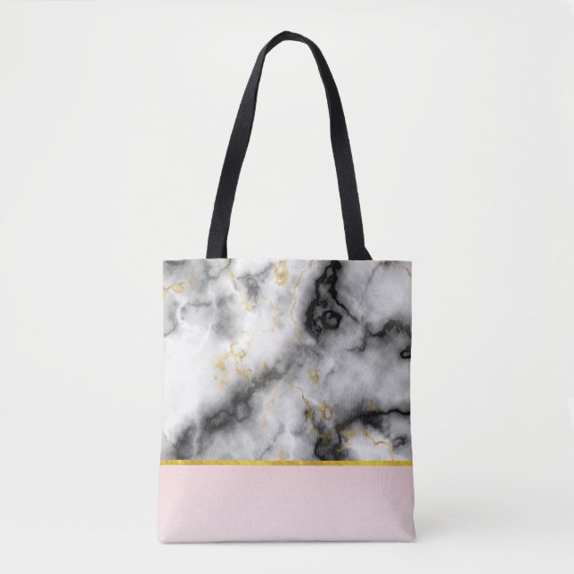 Modern Smoky Grey Marble with Gold Ribbon Tote Bag (Front)