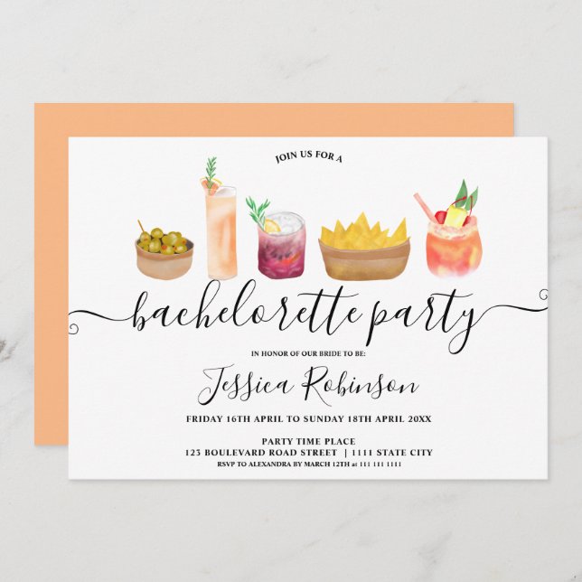 Modern snacks cocktails watercolor bachelorette invitation (Front/Back)