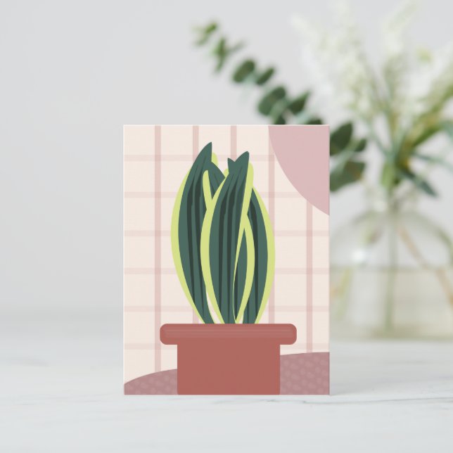 Modern Snake Plants Plaid Blush Pink Greenery Holiday Postcard (Standing Front)