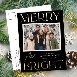 Modern Snapshot Black Merry and Bright Photo Foil Holiday Postcard