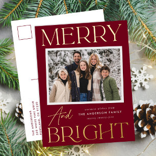 Modern Snapshot Cranberry Merry and Bright Photo Foil Holiday Postcard
