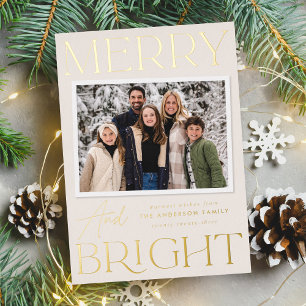 Modern Snapshot Cream Merry and Bright Photo Foil Holiday Card