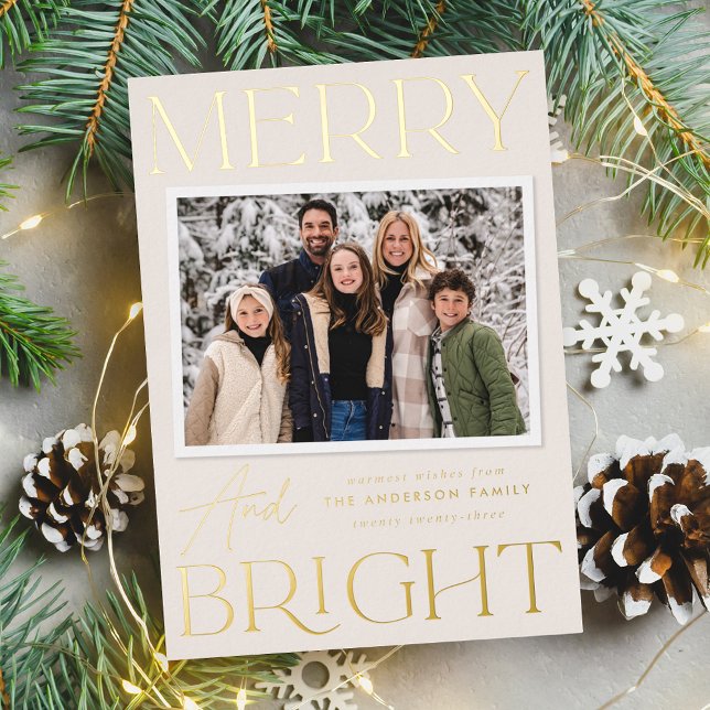Modern Snapshot Cream Merry and Bright Photo Foil Holiday Card (Creator Uploaded)