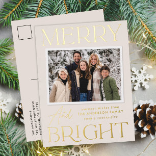 Modern Snapshot Cream Merry and Bright Photo Foil Holiday Postcard