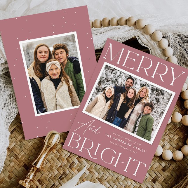 Modern Snapshot Dusty Rose Merry and Bright Photo Holiday Card (Creator Uploaded)
