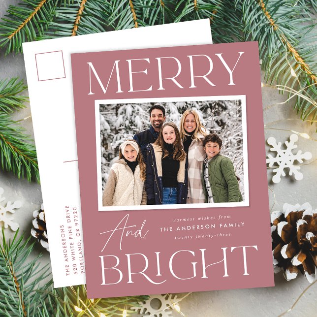 Modern Snapshot Dusty Rose Merry and Bright Photo Holiday Postcard (Creator Uploaded)