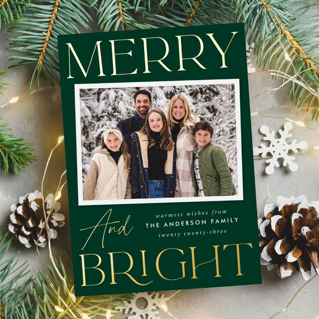Modern Snapshot Green Merry and Bright Photo Foil Holiday Card (Creator Uploaded)