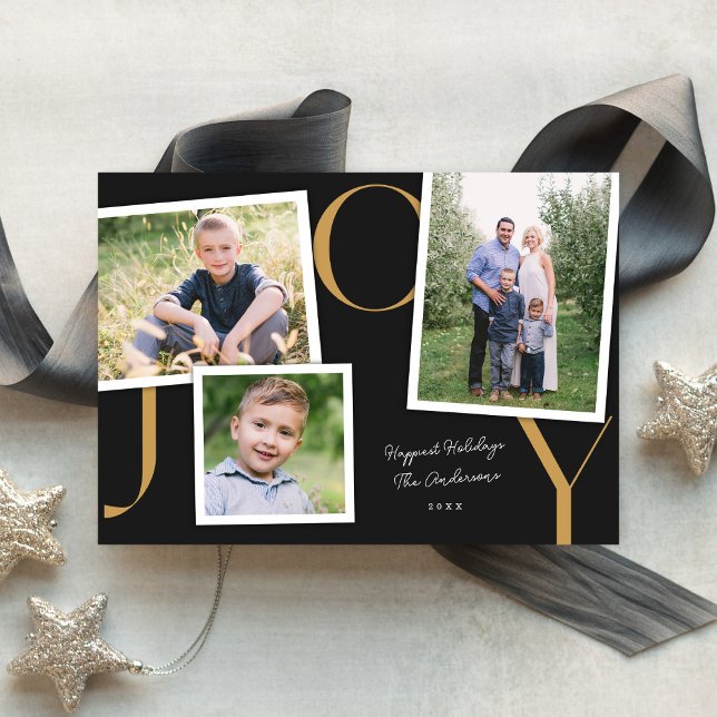 Modern Snapshot JOY 3 Photo Christmas Black Holiday Card (Creator Uploaded)