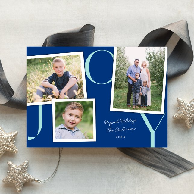 Modern Snapshot JOY 3 Photo Christmas Blue Holiday Card (Creator Uploaded)