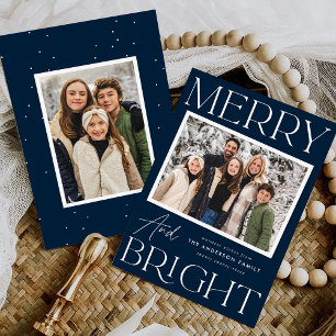 Modern Snapshot Navy Merry and Bright 2 Photo Holiday Card