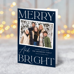 Modern Snapshot Navy Merry and Bright 2 Photo Holiday Card